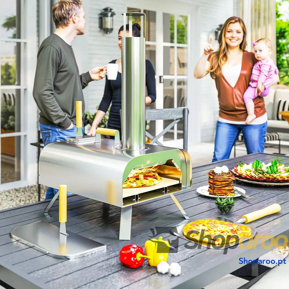 Mini Forno a Lenha para Pizza com Pedra Refratária e Pá em Aço Inoxidável Pés Dobráveis Pegas 79x36x75 cm Prata