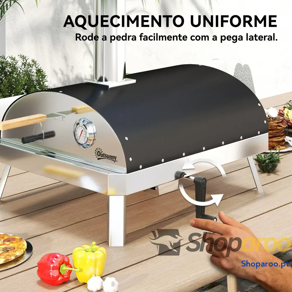 Mini Forno de Pizza Exterior Portátil a Lenha com Pedra Refratária Ø33 cm Termómetro e Bandeja Giratória 84x47x82 Prata
