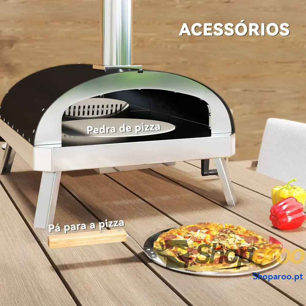 Mini Forno de Pizza Exterior Portátil a Lenha com Pedra Refratária Ø33 cm Termómetro e Bandeja Giratória 84x47x82 Prata