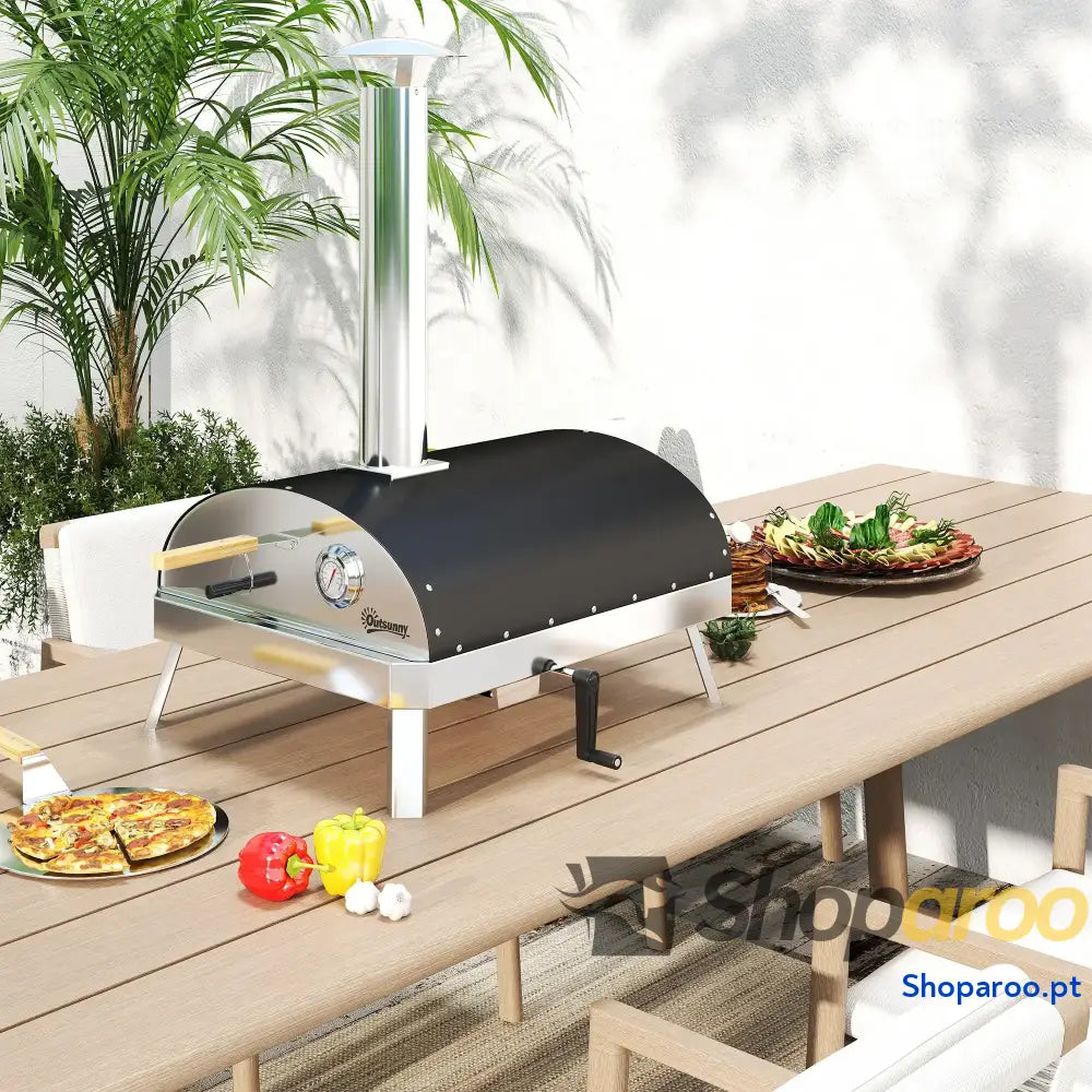 Mini Forno de Pizza Exterior Portátil Forno a Lenha com Pedra Refratária Ø33 cm Termómetro e Bandeja Giratória 84x47x82 cm Prata