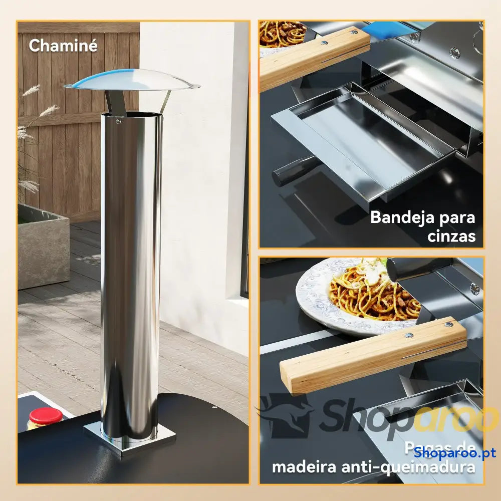 Mini Forno de Pizza Exterior Portátil a Lenha com Pedra Refratária Ø33 cm Termómetro e Bandeja Giratória 84x47x82 Prata