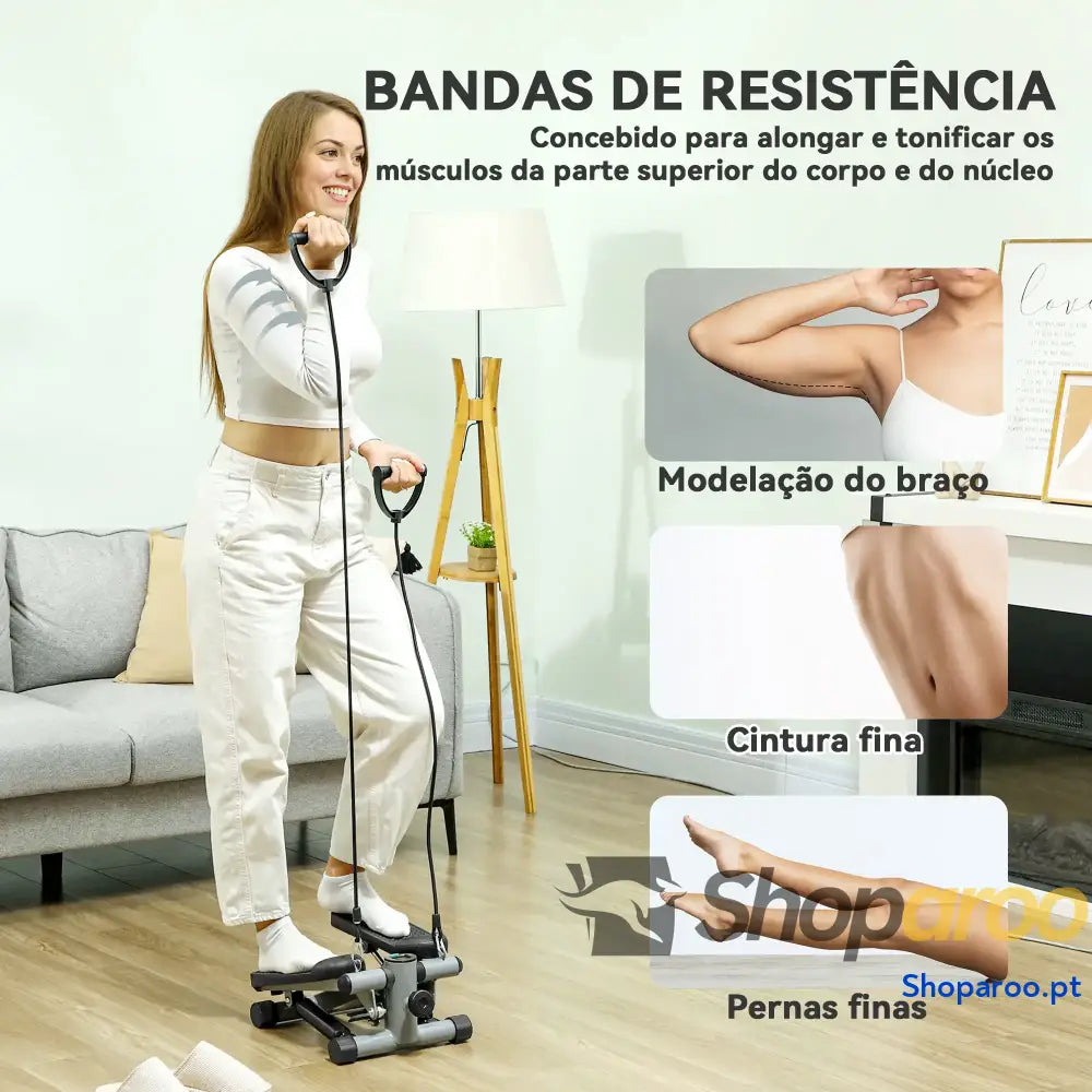Mini Step Máquina de Step Compacta com Bandas de Resistência Monitor LCD Pedais Antiderrapantes e Ajustáveis em Altura 41x30,5x18,5 cm Cinza