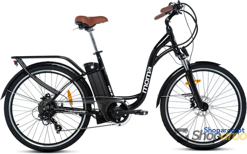 Moma Bikes Bicicleta elétrica urbana Ebike alumínio Shimano 7 v travões de disco hidráulicos bateria lítio 36 V 16 Ah