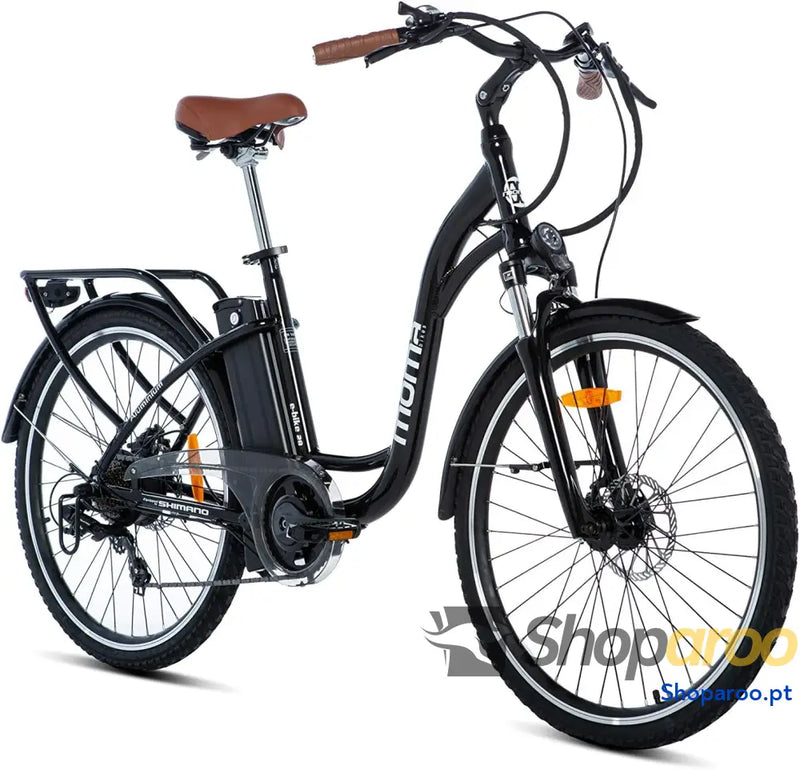 Moma Bikes Bicicleta elétrica urbana Ebike alumínio Shimano 7 v travões de disco hidráulicos bateria lítio 36 V 16 Ah