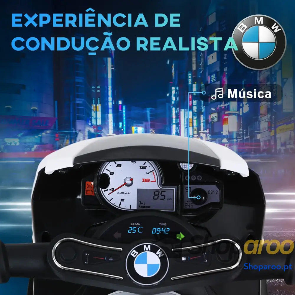 Mota Elétrica BMW para Crianças entre 18-36 Meses 6V com Faróis Música e Velocidade Máx. de 2,5 km/h 66x37x44 cm Preto