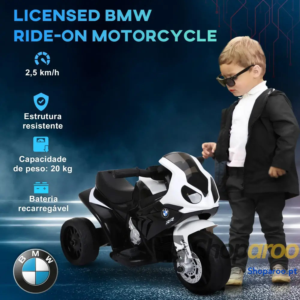 Mota Elétrica BMW para Crianças entre 18-36 Meses 6V com Faróis Música e Velocidade Máx. de 2,5 km/h 66x37x44 cm Preto