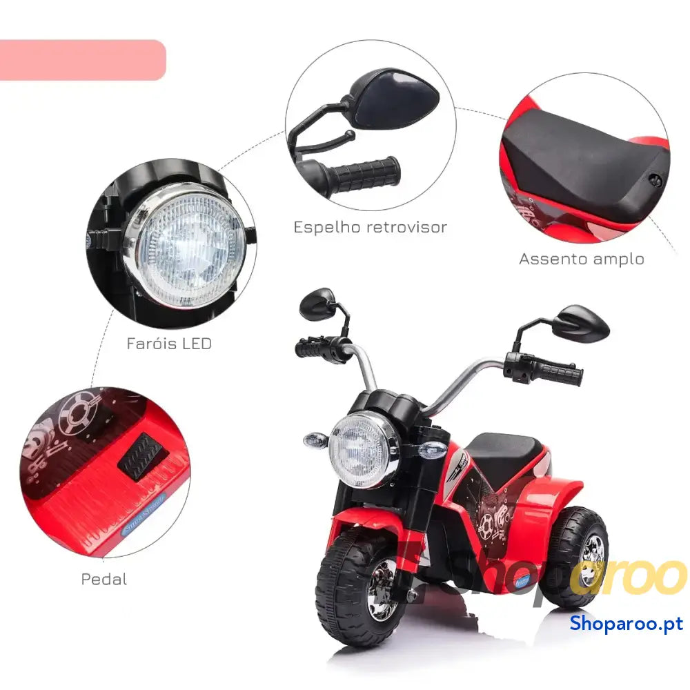 Motocicleta Elétrica Infantil com 3 Rodas Triciclo a Bateria 6V para Crianças de 18 36 Meses Farol Buzina 72x57x56cm
