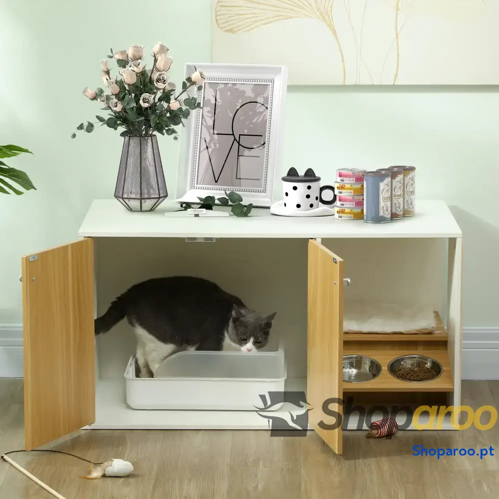 Móvel Caixa de Areia para Gatos 3 em 1 Branco e Carvalho 95x48x50,5 cm