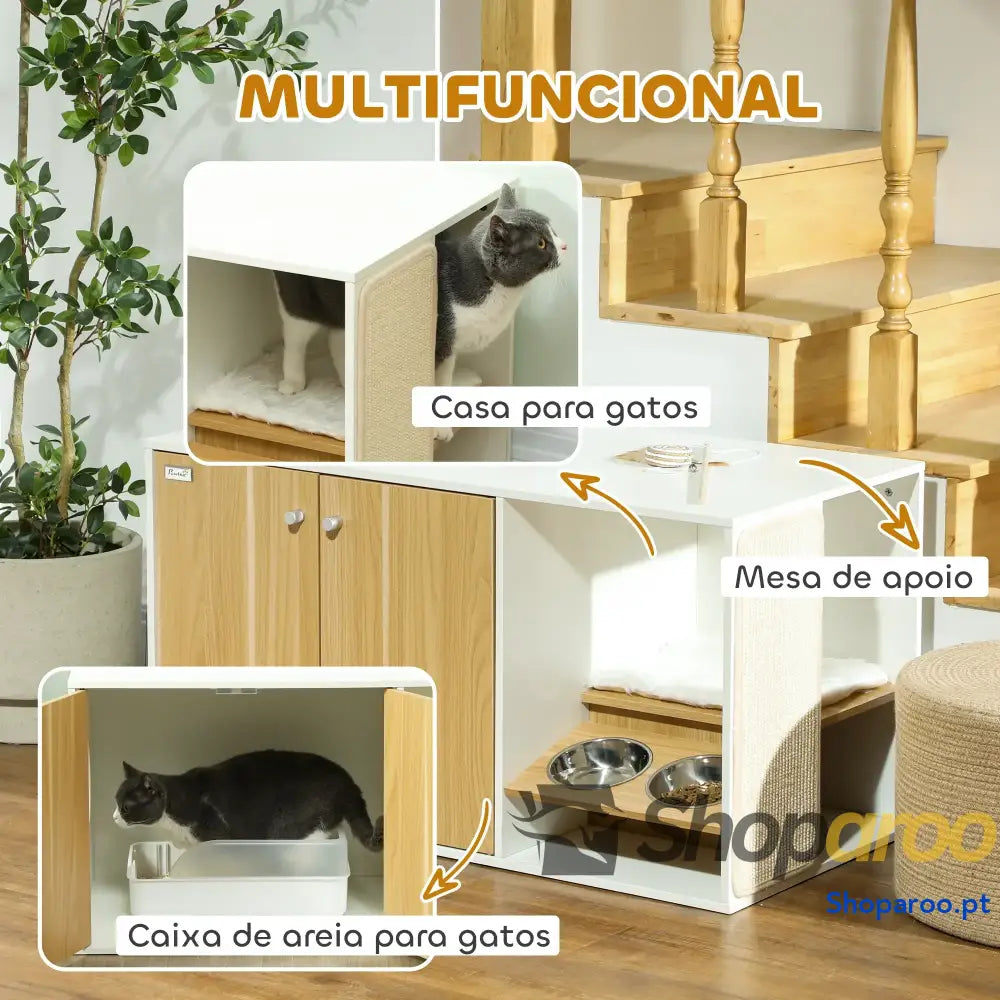 Móvel Caixa de Areia para Gatos 3 em 1 Branco e Carvalho 95x48x50,5 cm