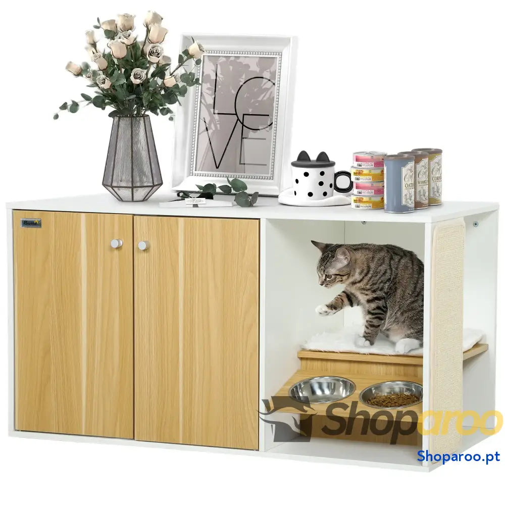 Móvel Caixa de Areia para Gatos 3 em 1 Branco e Carvalho 95x48x50,5 cm