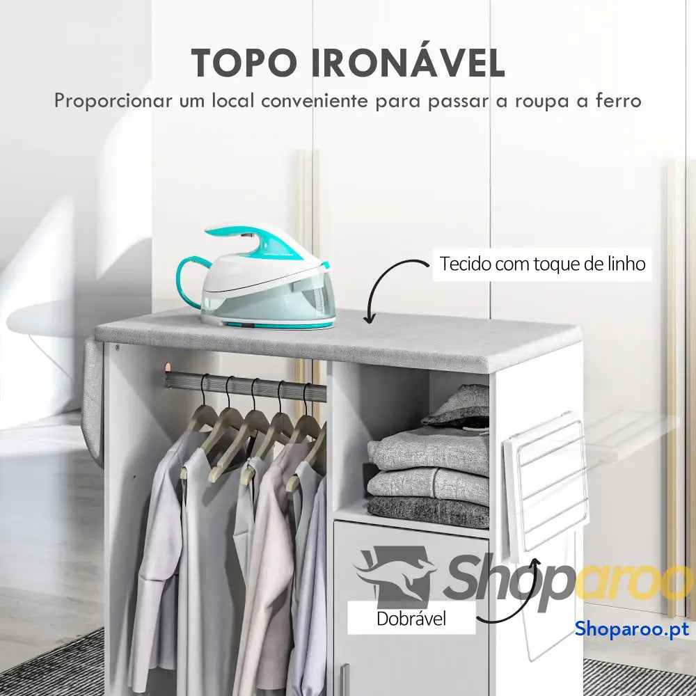 Móvel de Engomar Madeira com Rodas Barra para Pendurar Roupa Prateleira Aberta e Tábua Dobrável 107x42,5x99 cm Branco