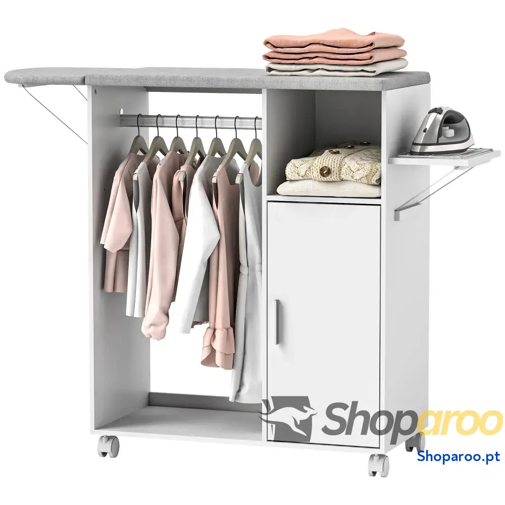 Móvel de Engomar Madeira com Rodas Barra para Pendurar Roupa Prateleira Aberta e Tábua Dobrável 107x42,5x99 cm Branco