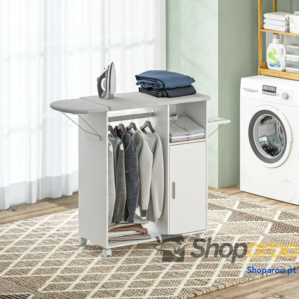 Móvel de Engomar Madeira com Rodas Barra para Pendurar Roupa Prateleira Aberta e Tábua Dobrável 107x42,5x99 cm Branco