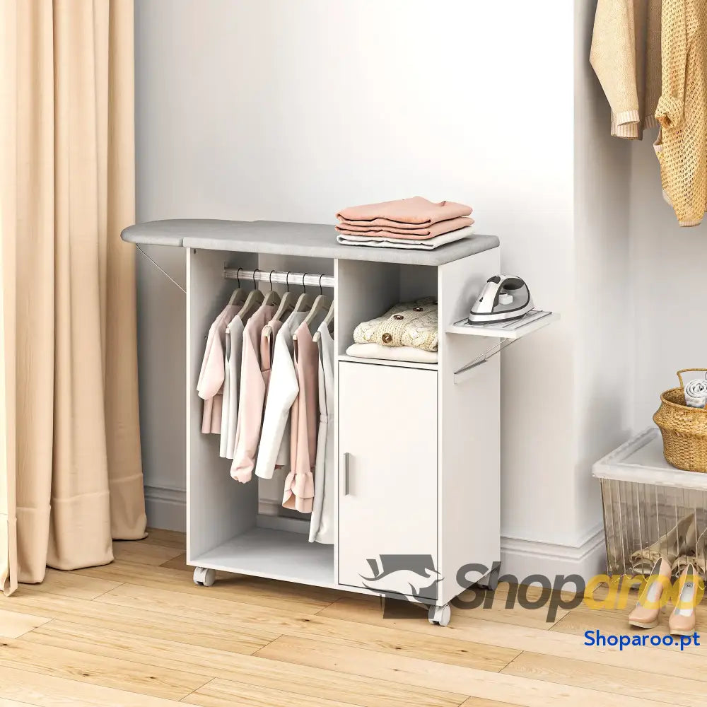 Móvel de Engomar Madeira com Rodas Barra para Pendurar Roupa Prateleira Aberta e Tábua Dobrável 107x42,5x99 cm Branco