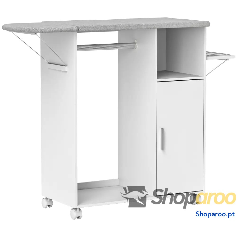 Móvel de Engomar Madeira com Rodas Barra para Pendurar Roupa Prateleira Aberta e Tábua Dobrável 107x42,5x99 cm Branco