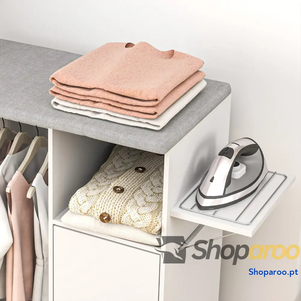 Móvel de Engomar Madeira com Rodas Barra para Pendurar Roupa Prateleira Aberta e Tábua Dobrável 107x42,5x99 cm Branco