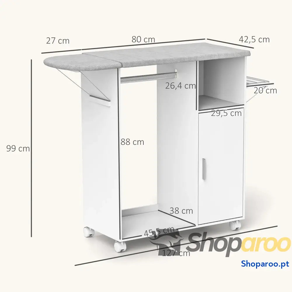 Móvel de Engomar Madeira com Rodas Barra para Pendurar Roupa Prateleira Aberta e Tábua Dobrável 107x42,5x99 cm Branco