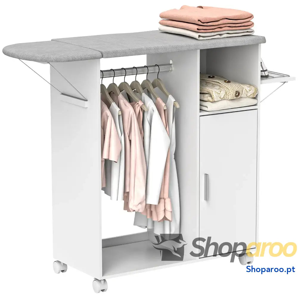 Móvel de Engomar Madeira com Rodas Barra para Pendurar Roupa Prateleira Aberta e Tábua Dobrável 107x42,5x99 cm Branco