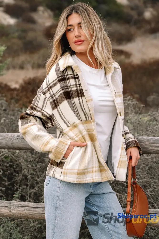 Multicolour Plaid Patchwork Side Pockets Buttoned Shacket