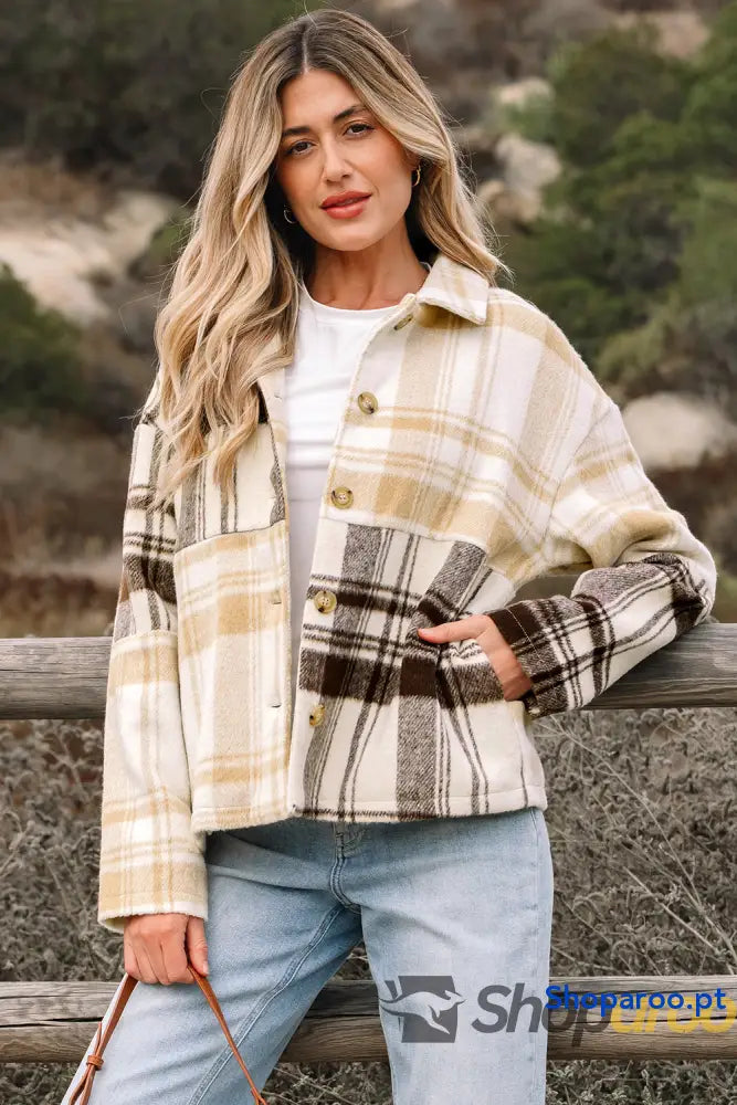 Multicolour Plaid Patchwork Side Pockets Buttoned Shacket