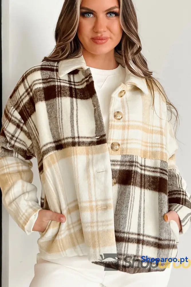 Multicolour Plaid Patchwork Side Pockets Buttoned Shacket