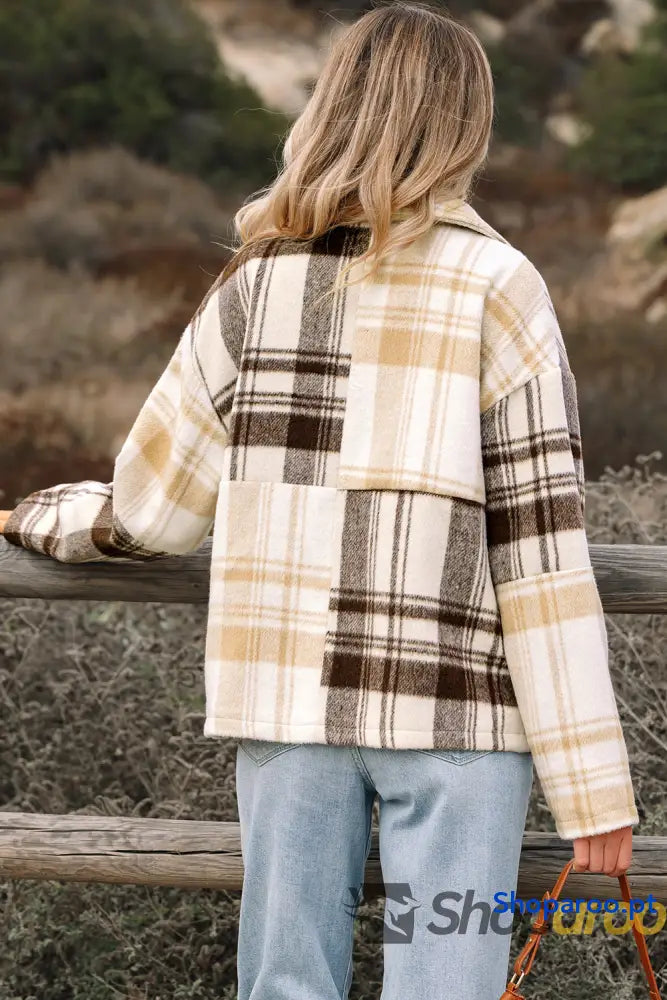 Multicolour Plaid Patchwork Side Pockets Buttoned Shacket