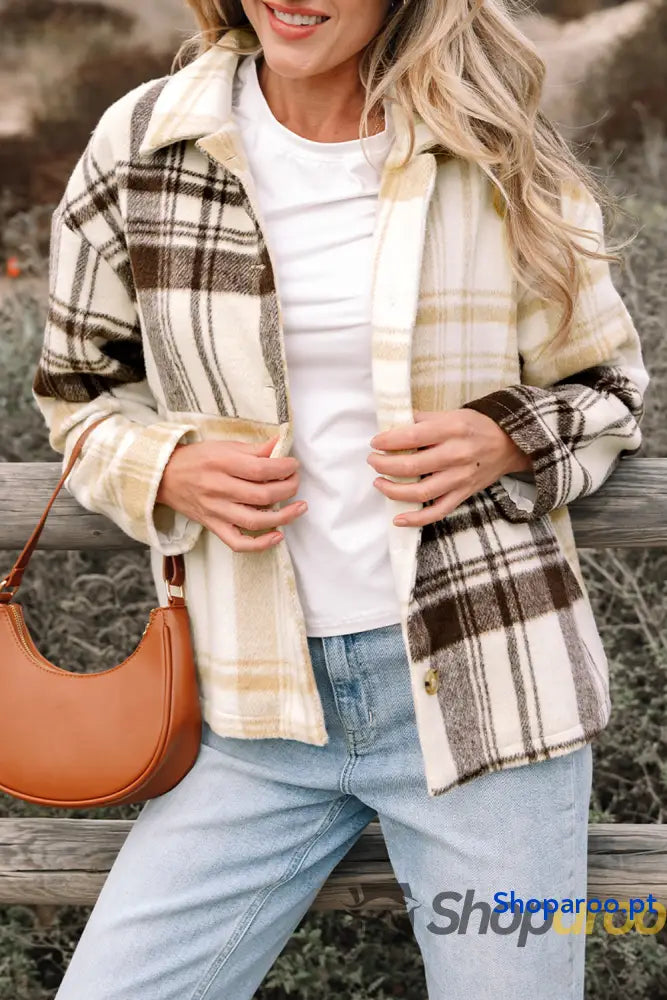Multicolour Plaid Patchwork Side Pockets Buttoned Shacket