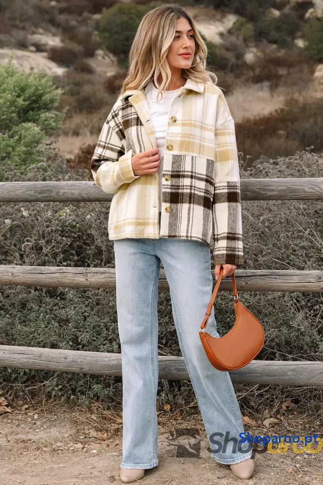 Multicolour Plaid Patchwork Side Pockets Buttoned Shacket