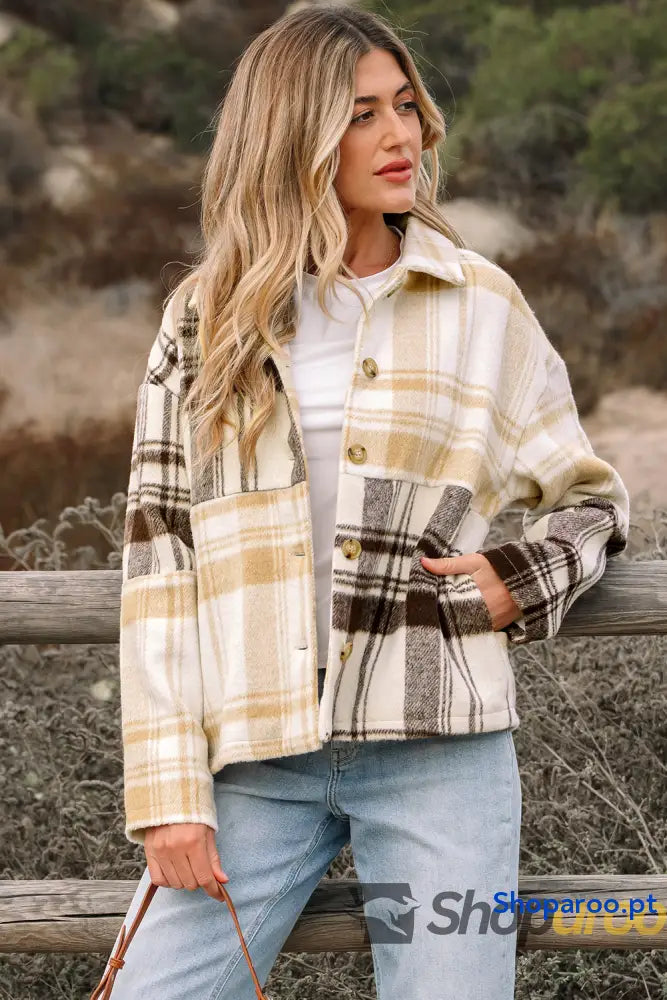 Multicolour Plaid Patchwork Side Pockets Buttoned Shacket