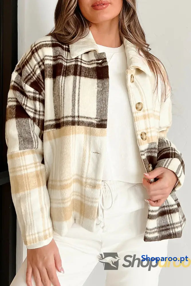 Multicolour Plaid Patchwork Side Pockets Buttoned Shacket