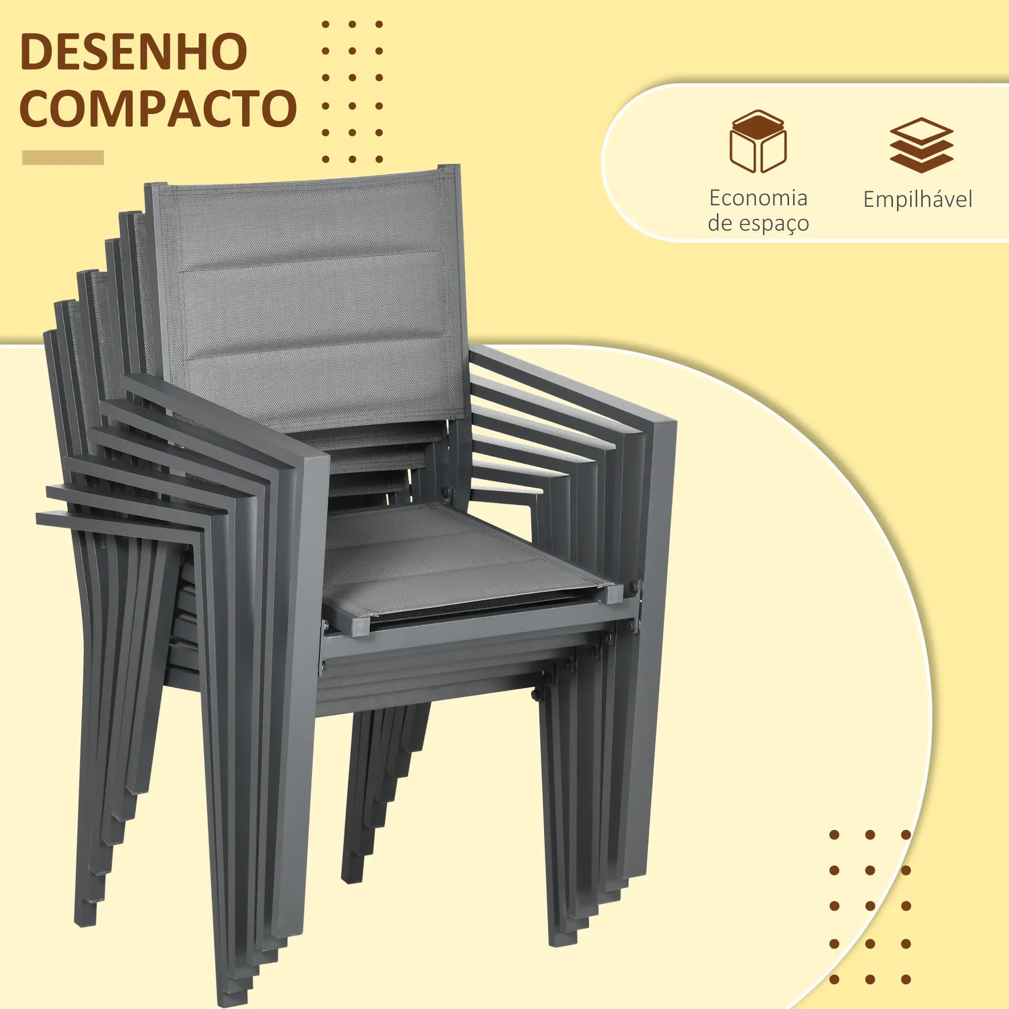 Conjunto de Jardim Refeição de 7 Peças com Mesa Extensível e 6 Cadeiras Empilháveis 90-180x89x74cm Cinza