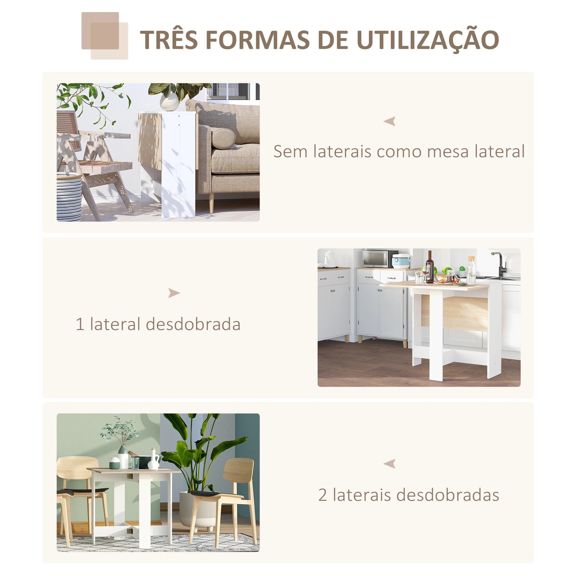 Mesa Sala de Jantar Dobrável Madeira e Branco Laterais Abatíveis