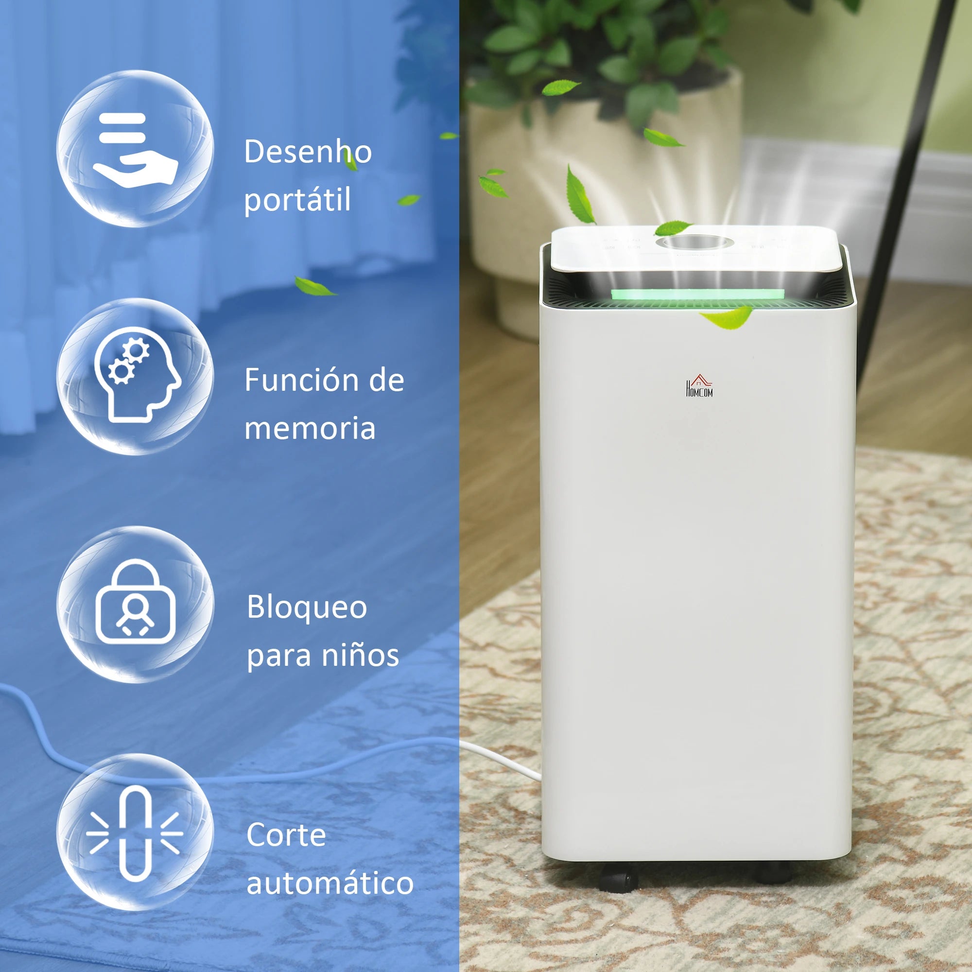 Desumidificador Elétrico 12L/dia Depósito 2,5L Silencioso com 5 Modos 2 Velocidades Ecrã LED e Temporizador 25x25x50,5 cm Branco