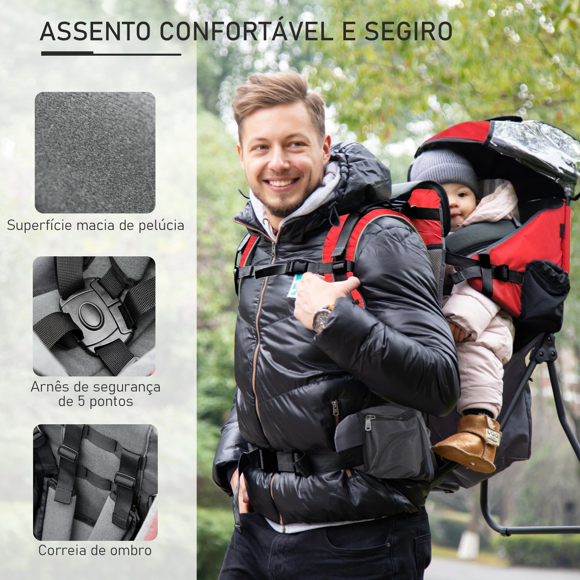 Mochila Porta Bebés Dobrável Ergonómica com Assento Confortável Vermelho