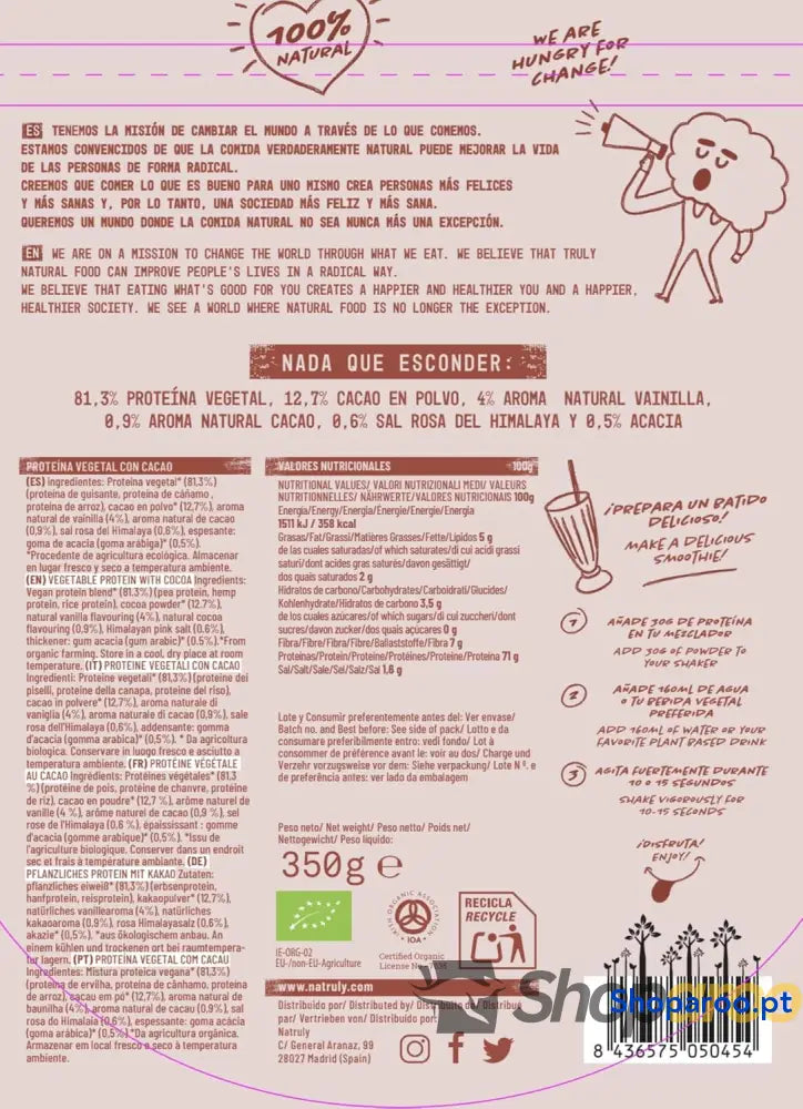 NATRULY Proteína Vegana BIO Chocolate 81% 100% Natural Sem Açúcar Glúten Lactose Soja 350g