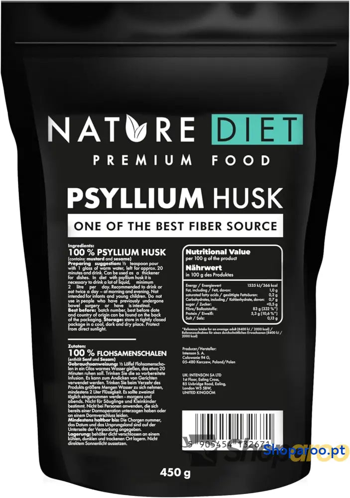 Nature Diet Casca de Psyllium 450 g | Alto em fibra vegano sem glúten e lactose para dieta Keto & Low Carb ideal