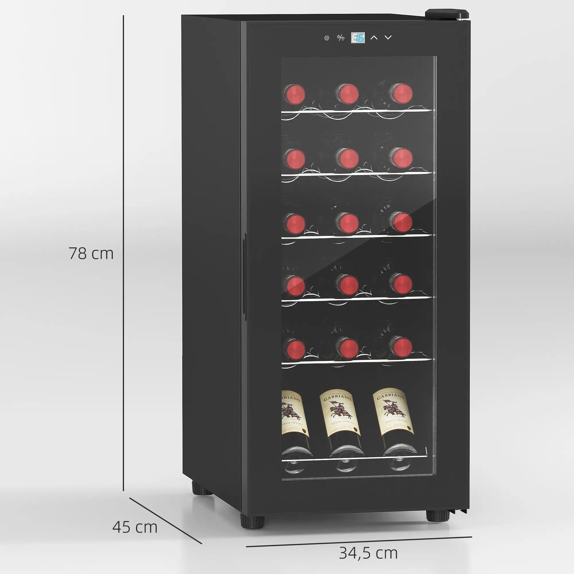 Cave de Vinho 18 Garrafas com Luz LED Ecrã Tátil Digital Controlo de Temperatura Porta de Vidro e 5 Prateleiras Preto