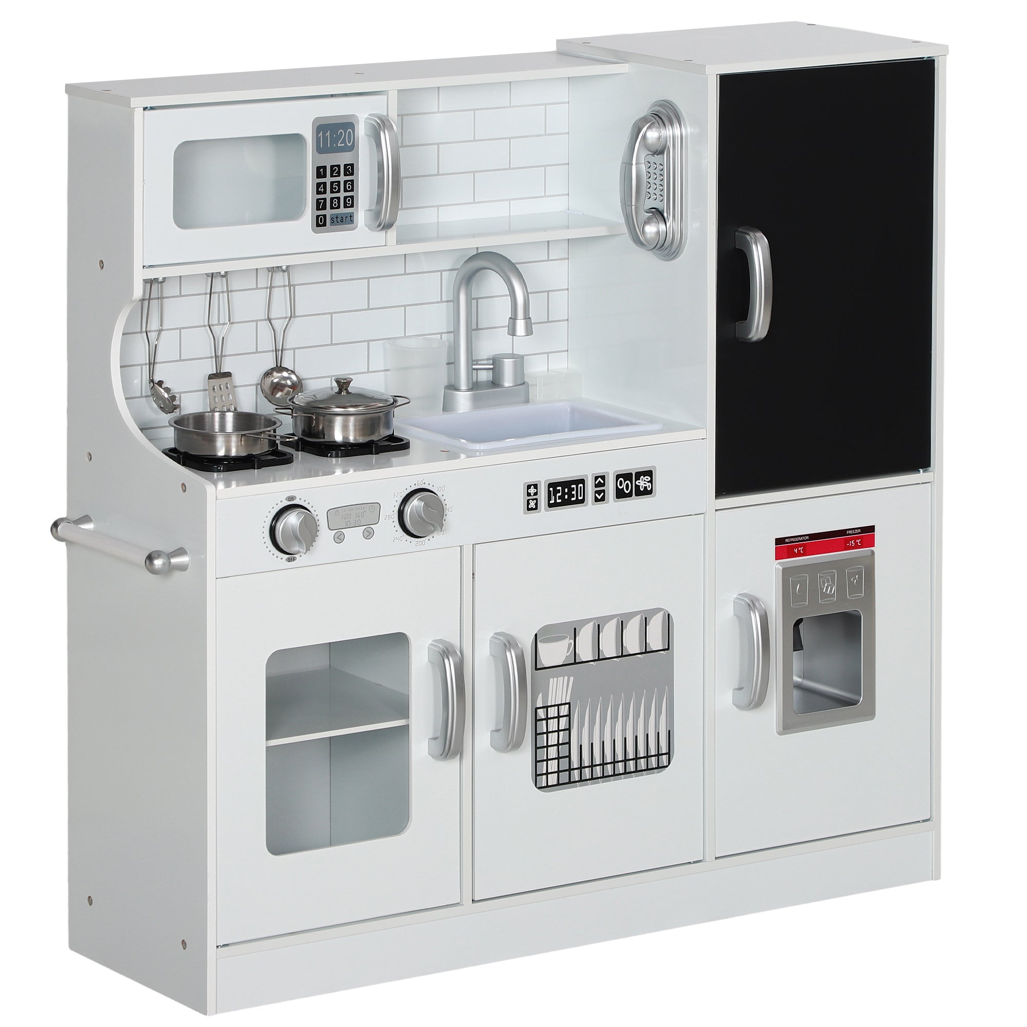 Cozinha de Brincar para Crianças acima de 3 anos Cozinha Infantil de Madeira com Acessórios Máquina de Gelo Ardósia e Telefone 83,8x26,8x81 cm Rosa