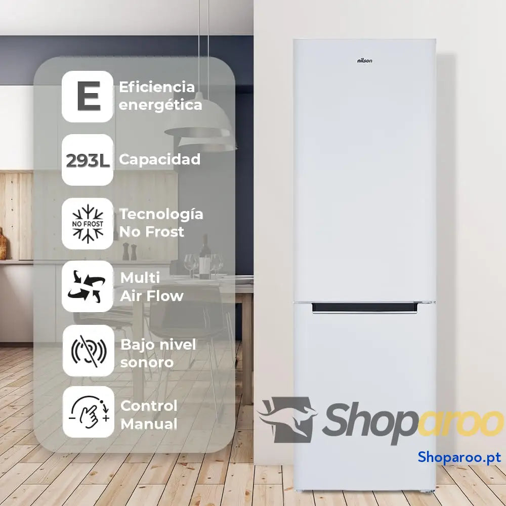 NILSON Frigorífico Combi Branco 2 Portas. NC185600ENF Capacidade 293 Litros No Frost Multi Air Flow Baixo Nível Sonoro