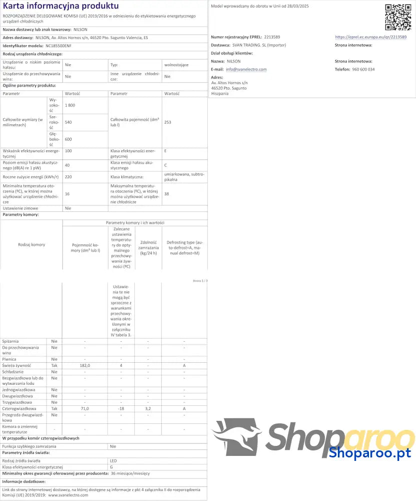 NILSON Frigorífico combinado branco 2 portas. NC185500ENF Capacidade de 253 litros sem rost Multi Air Flow baixo nível