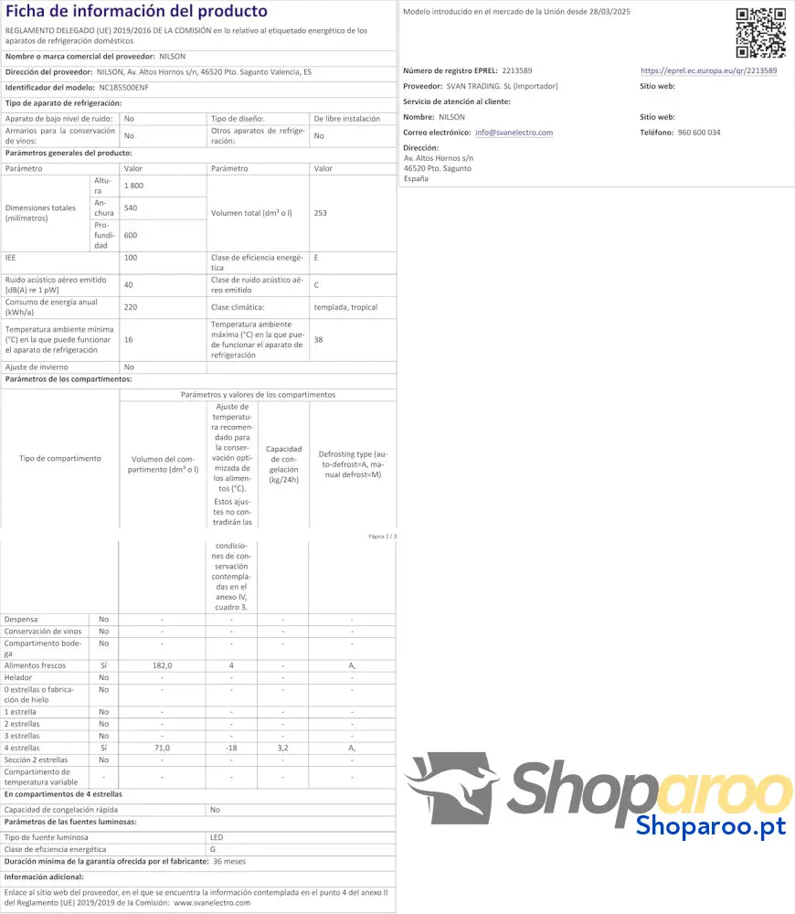 NILSON Frigorífico combinado branco 2 portas. NC185500ENF Capacidade de 253 litros sem rost Multi Air Flow baixo nível