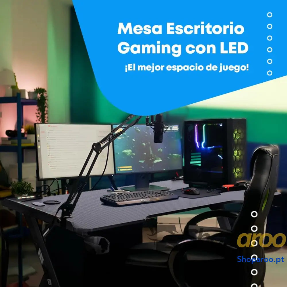 NK Mesa de secretária jogos com LED (120 x 60 cm) porta copos e garrafas suporte para auriculares/capacetes gestão