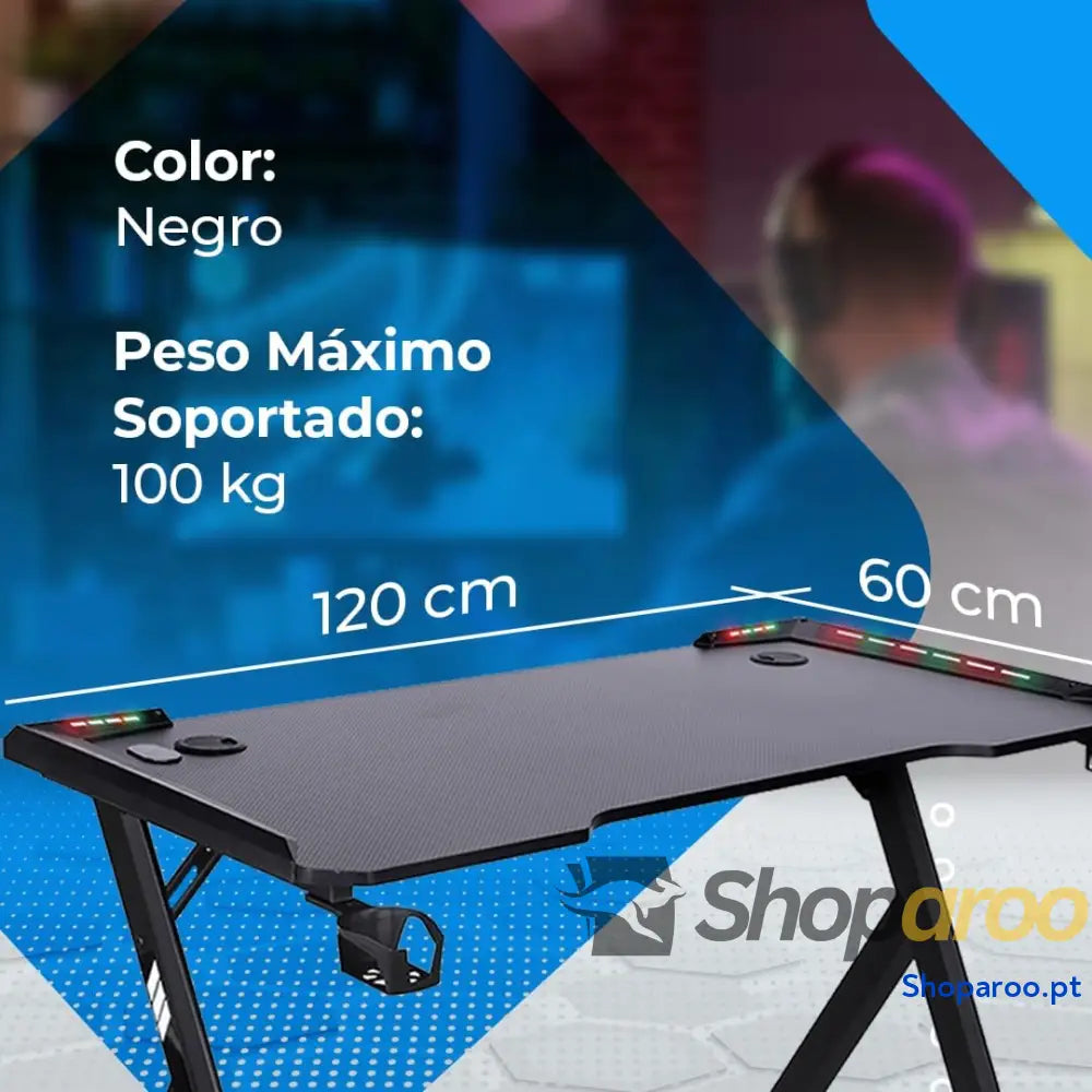 NK Mesa de secretária jogos com LED (120 x 60 cm) porta copos e garrafas suporte para auriculares/capacetes gestão