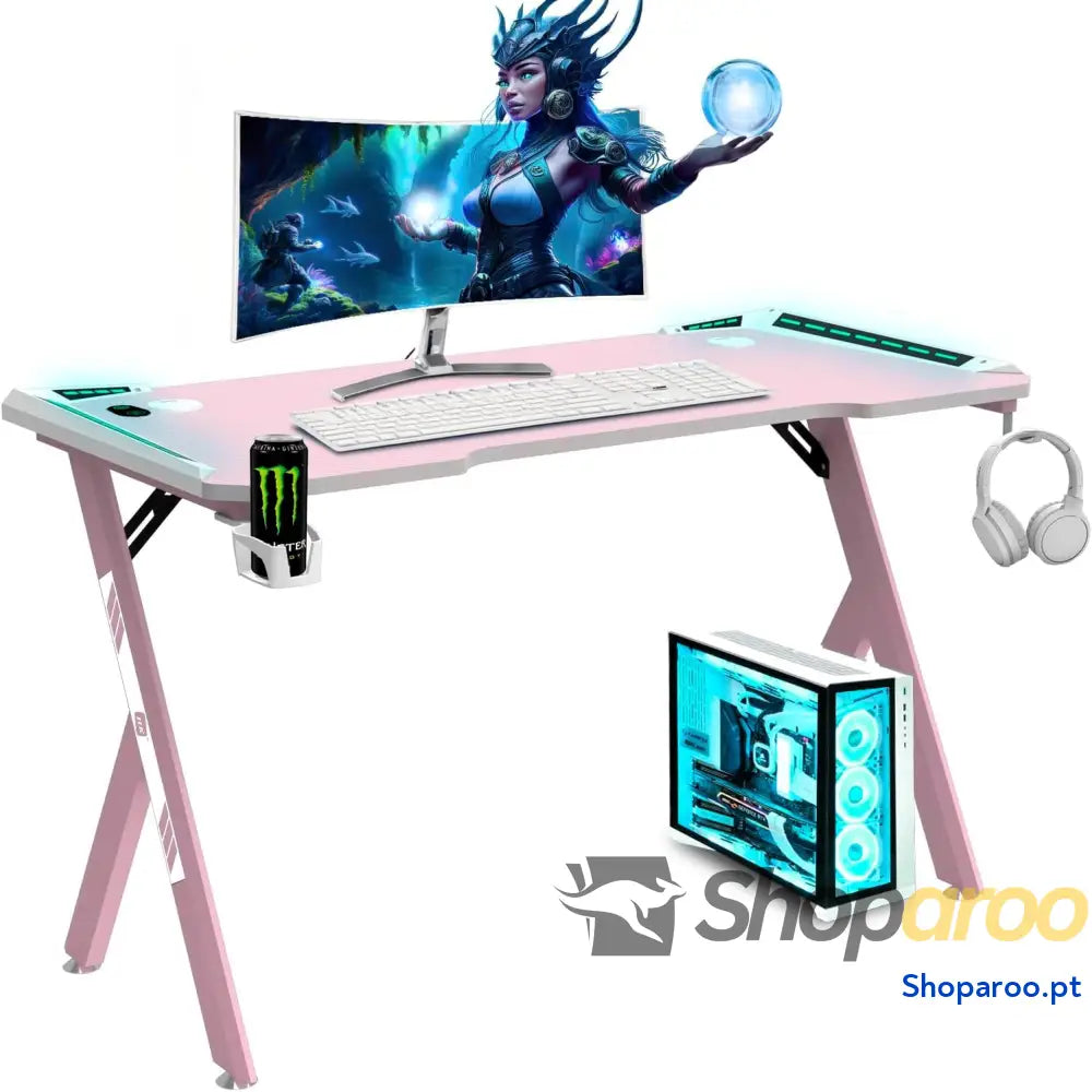 NK Mesa de secretária jogos com LED (120 x 60 cm) porta copos e garrafas suporte para auriculares/capacetes gestão