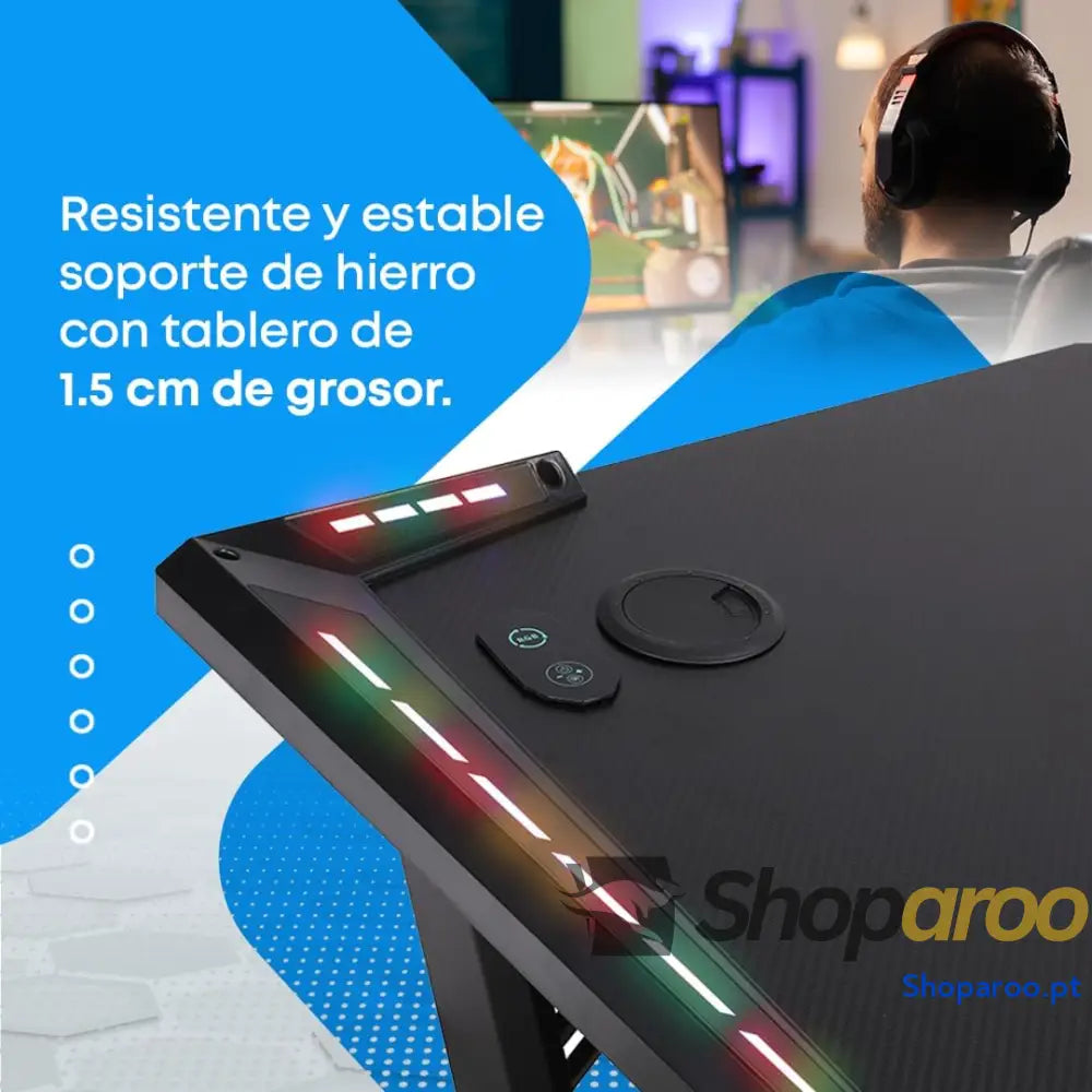 NK Mesa de secretária jogos com LED (120 x 60 cm) porta copos e garrafas suporte para auriculares/capacetes gestão