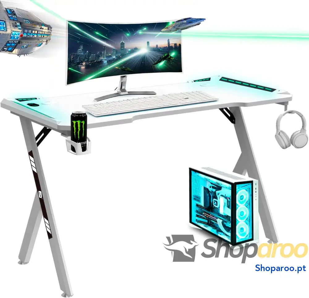 NK Mesa de secretária jogos com LED (120 x 60 cm) porta copos e garrafas suporte para auriculares/capacetes gestão