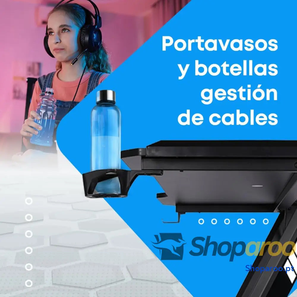 NK Mesa de secretária jogos com LED (120 x 60 cm) porta copos e garrafas suporte para auriculares/capacetes gestão
