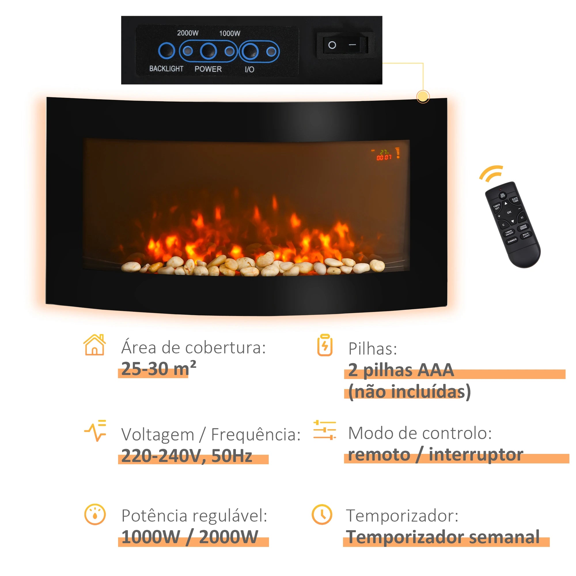 Lareira Elétrica de Parede com Efeito de Chama Realista Luzes LED e Potência Ajustável 1000W/2000W 89,2x13,5x48cm Preto