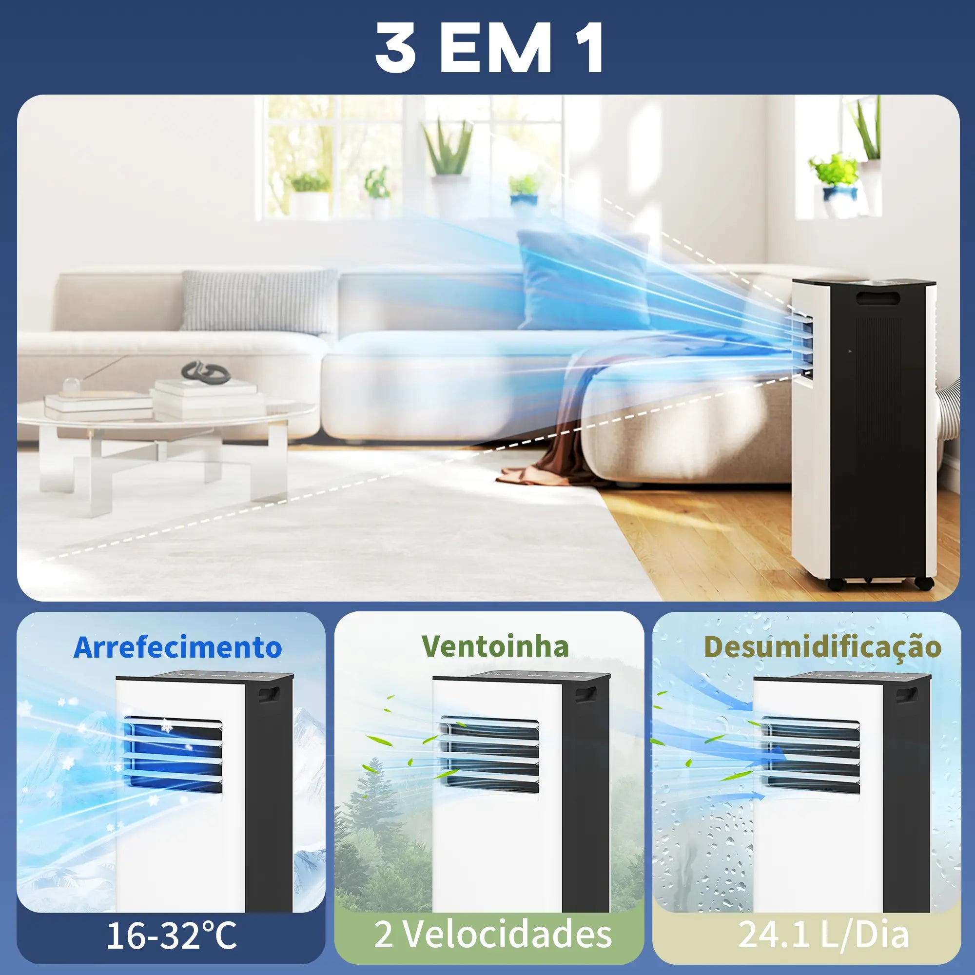 Ar Condicionado Portátil 3 em 1 9000 BTU Arrefecedor Ventoinha Desumidificador 24,1 L/Dia com 2 Velocidades 25m² Branco