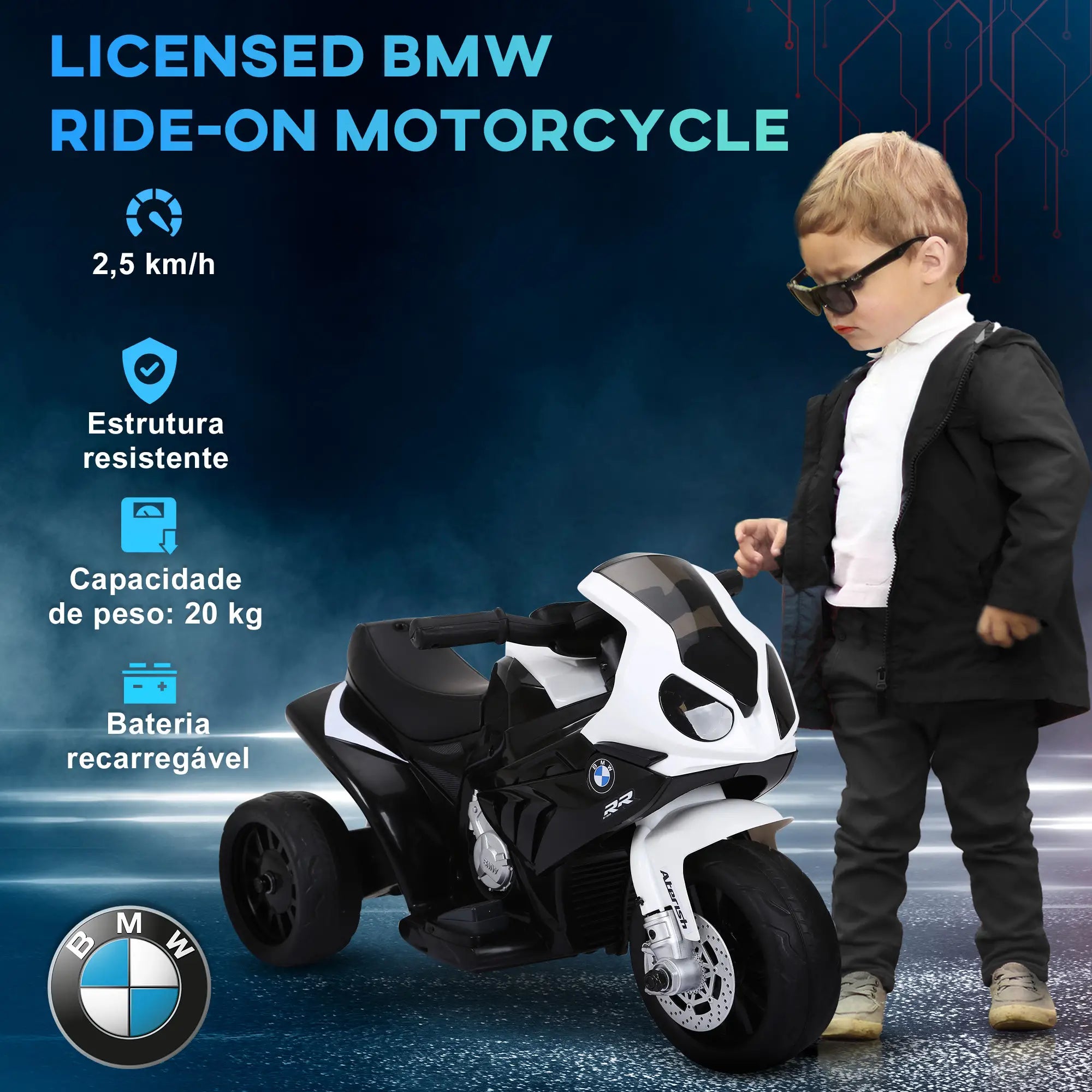 Mota Elétrica BMW para Crianças entre 18-36 Meses 6V com Faróis Música e Velocidade Máx. de 2,5 km/h 66x37x44 cm Preto